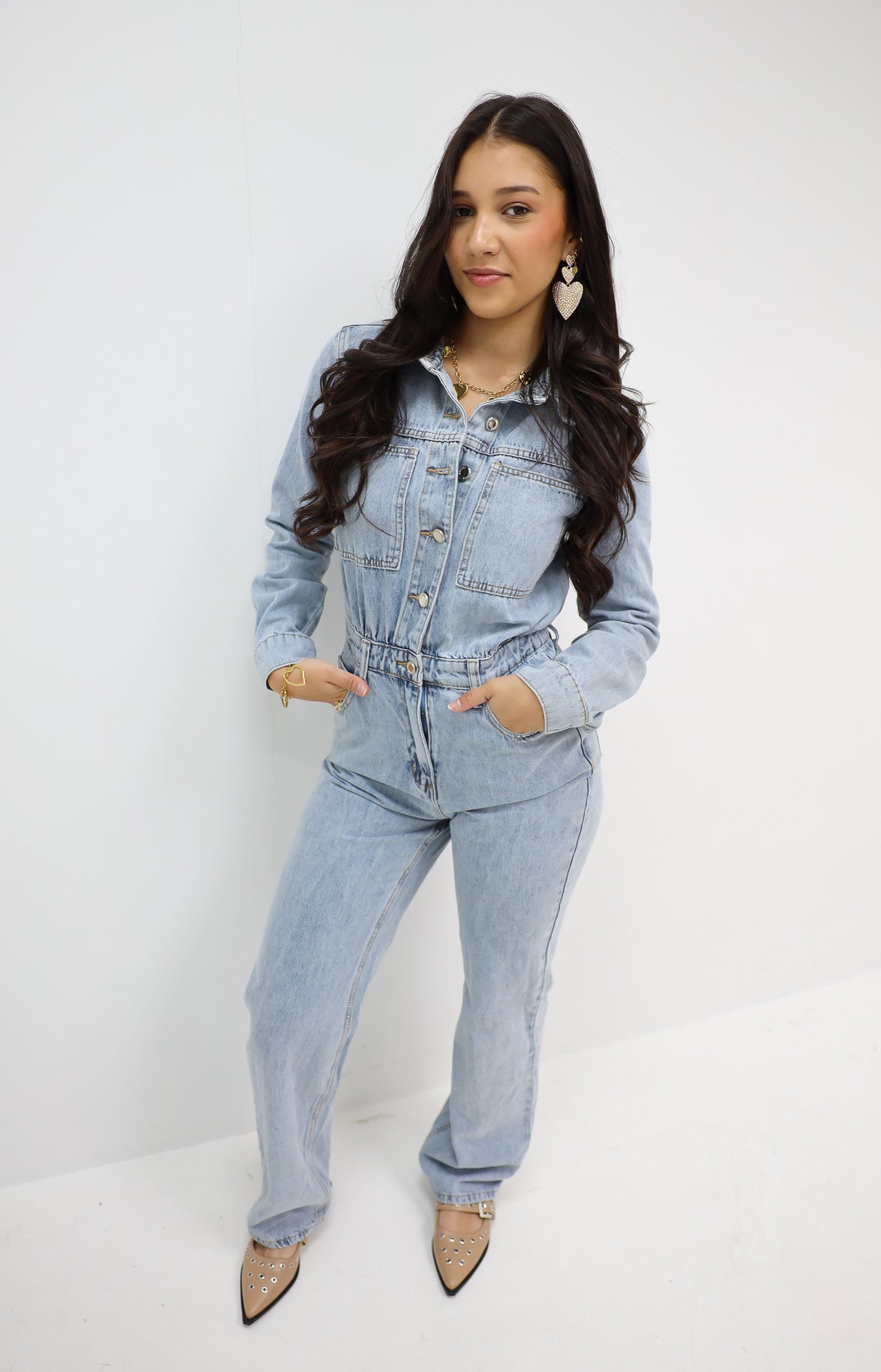 Lange Mouwen Denim Jumpsuit Blauw