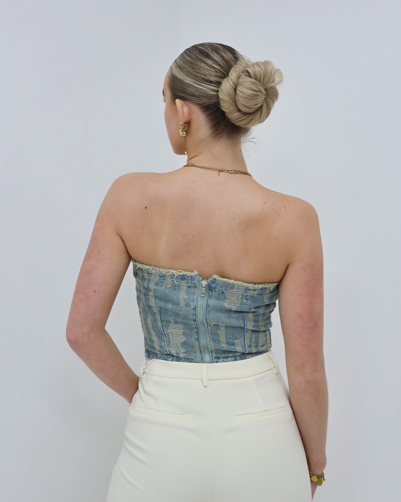 Distressed Bandeau Top Blauw