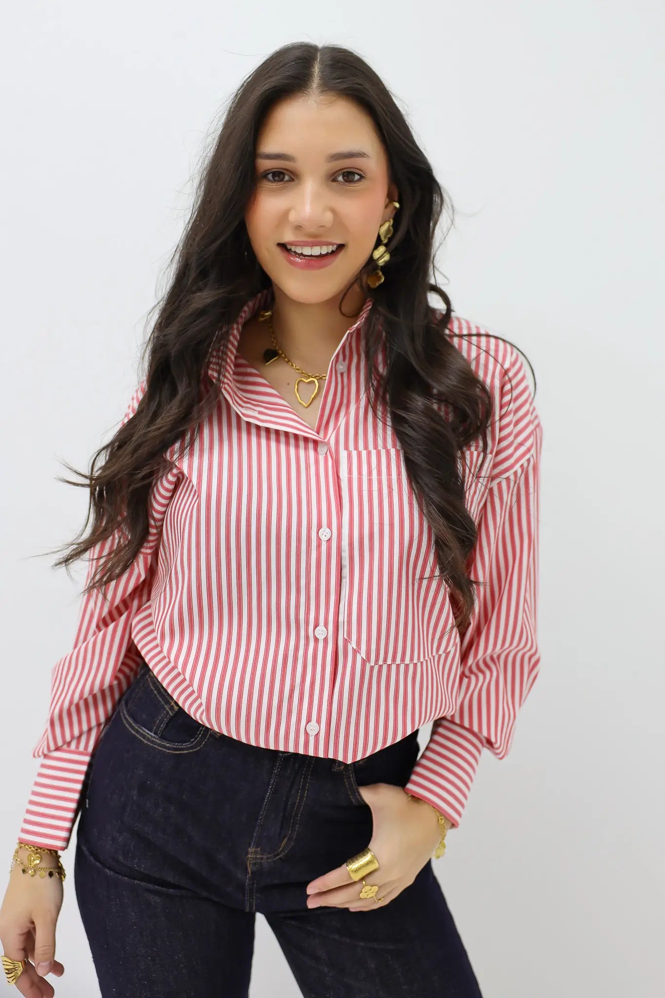 All-Over Stripe Blouse Rood