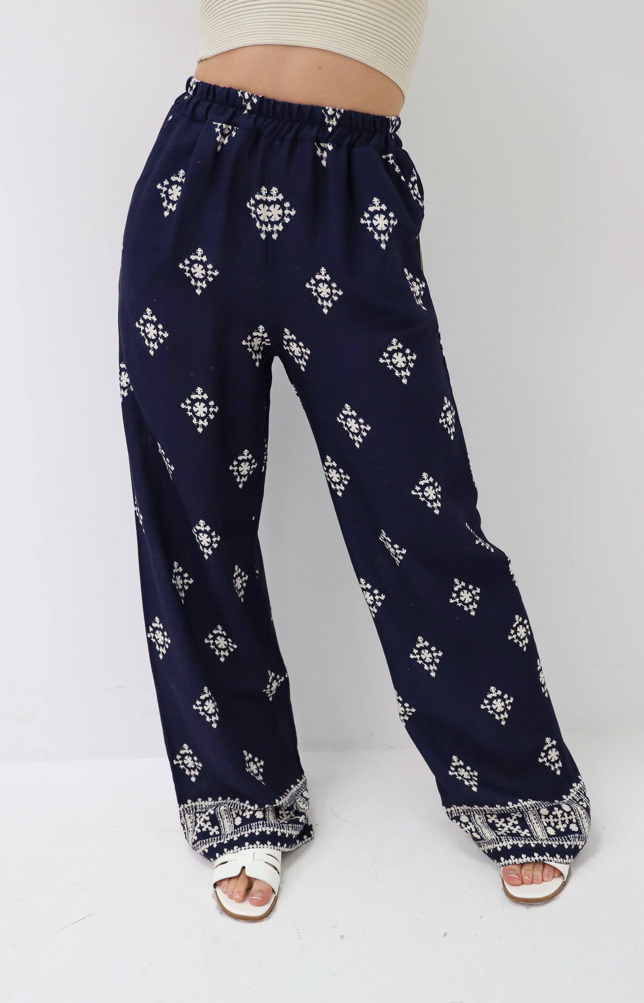 Linnen Print Broek Blauw