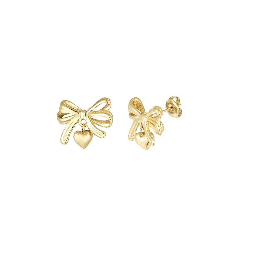 Bow With Heart Earrings Gold